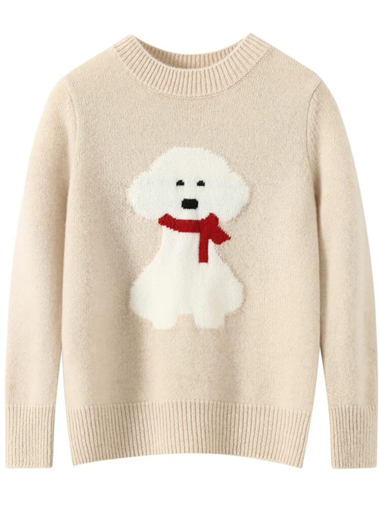 Kids Soft Puppy Intarsia Thick Cashmere Crew Neck Sweater